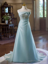 Women Blue Strapless Long Prom Dress